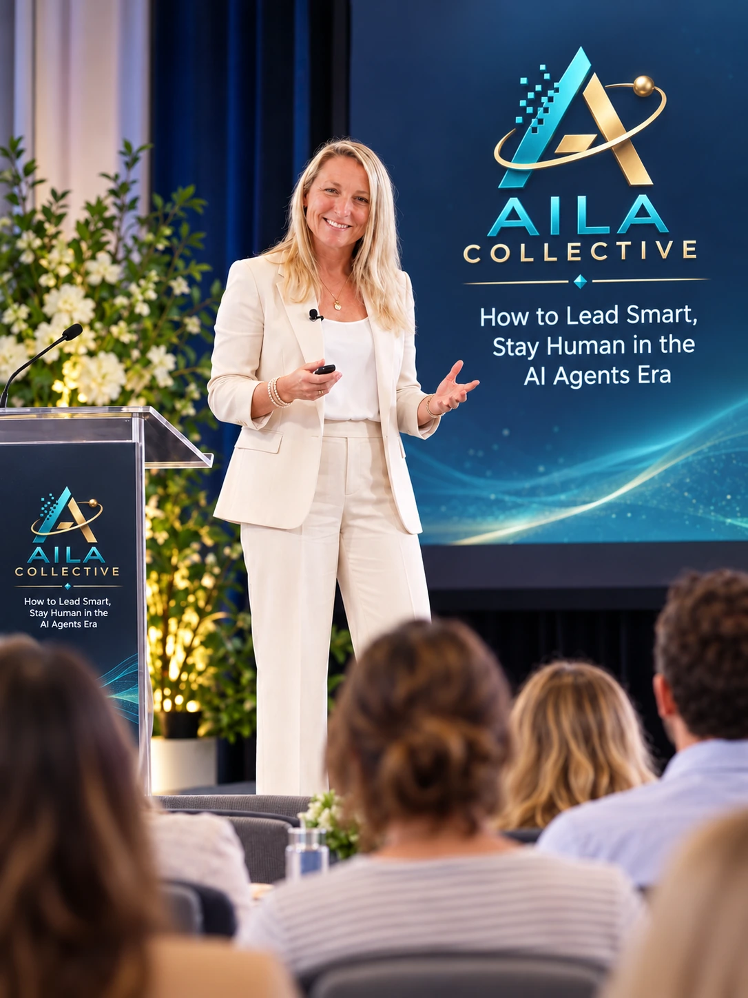 Marnie Wills speaking on stage at an AI leadership conference